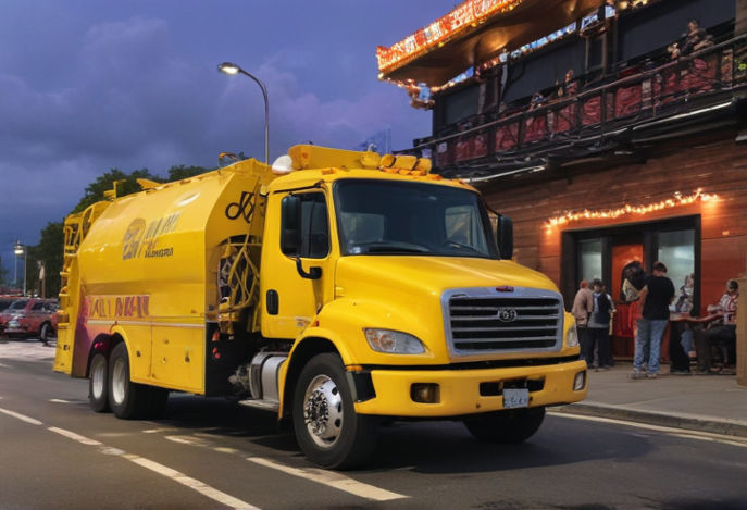 A tow truck on a road, with a concert stage in the background, showcases the fusion of transportation and event excitement.