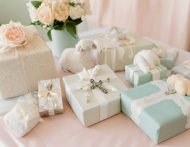 Beautifully wrapped presents surround a delicate white lace dress. Silver rattle, engraved cross necklace, and plush lamb rest on a pastel-colored gift table.
