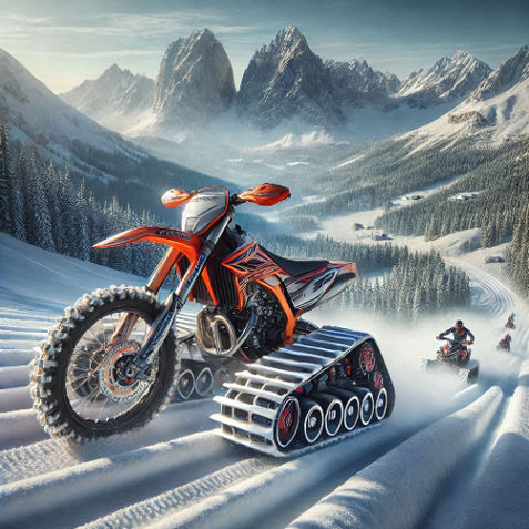A mountain backdrop featuring a sleek Timbersled-equipped dirt bike navigating snow trails during a group adventure.