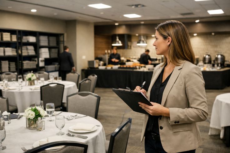 event planner with a checklist reviewing the scene